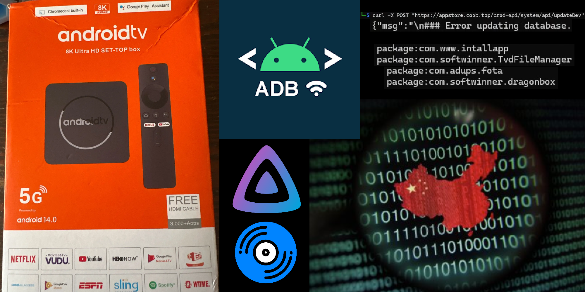 A picture of the glorious Q10 Android box surrounded by coding graphics